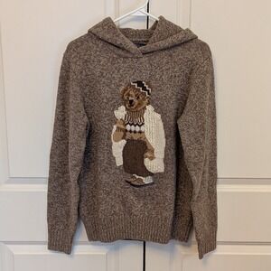 Polo Ralph Lauren Womens Polo Bear Brown Wool Cashmere Hooded Sweater Sz Med NWT